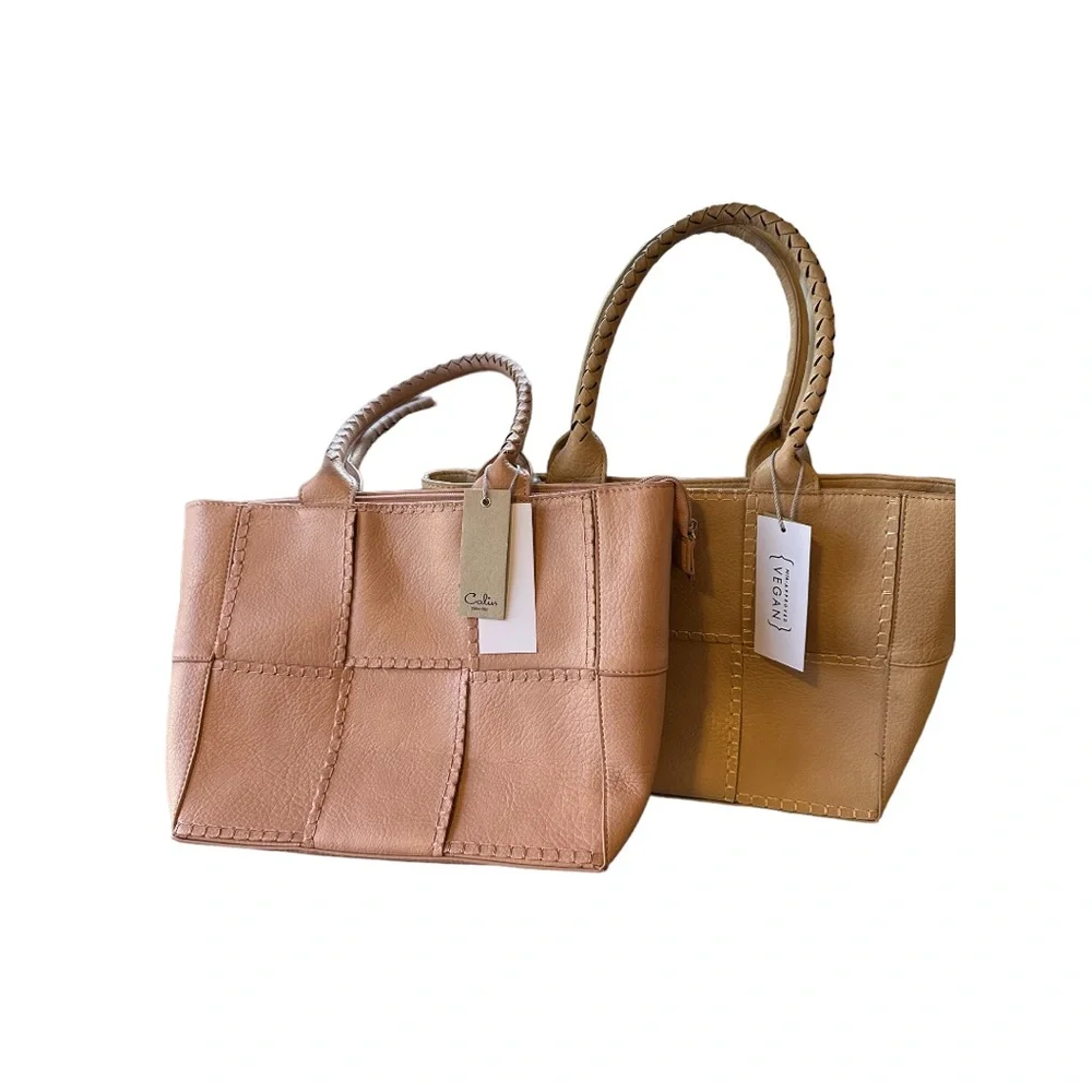 Woven Tote Vegan Leather Shoulder Handbag in Blush